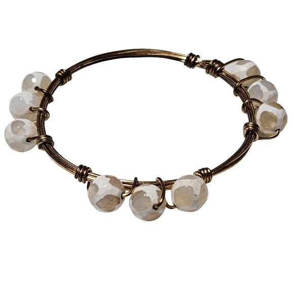 Handcrafted Faceted Beaded Wire Bangle Bracelet White Brown Beads Jewelry Women - Picture 1 of 4